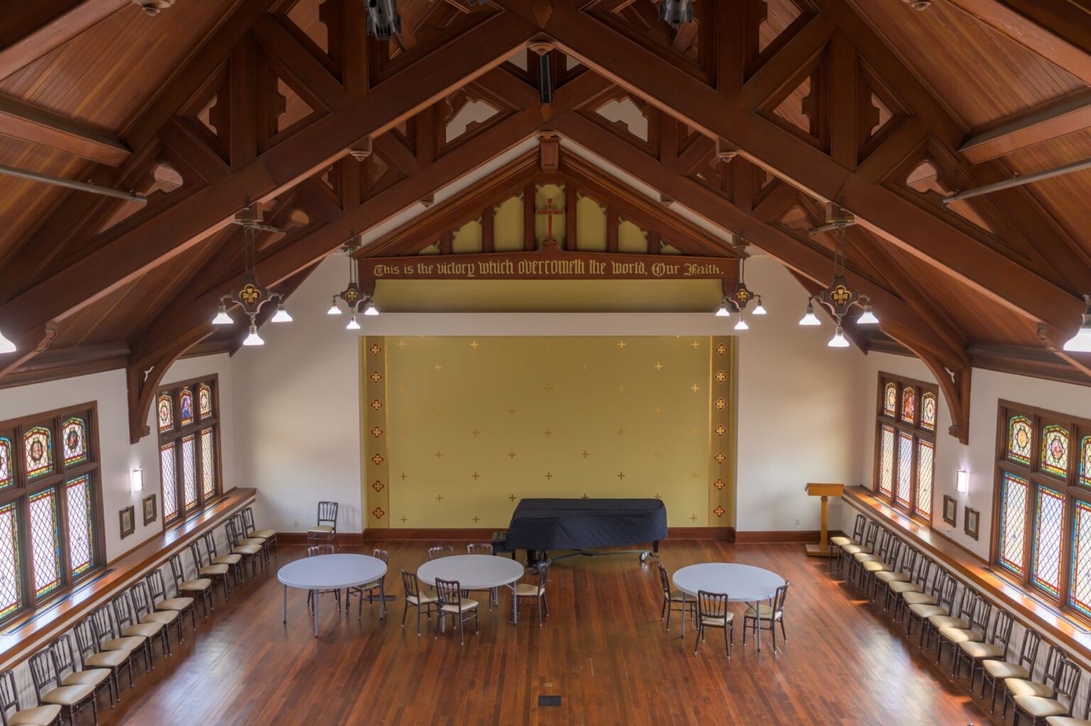 Repainted community hall interior with wood floors and trim